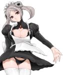  1girl apron bloody_marie_(skullgirls) breasts cleavage cleavage_cutout grey_hair hair_ornament looking_at_viewer maid maid_apron maid_headdress panties red_eyes ribbon skull skull_hair_ornament skullgirls solo thigh-highs twintails underwear 