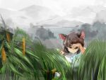  1girl alternate_hair_color animal_ears bishamonten&#039;s_pagoda brown_hair capelet cattail chidori_nekoro expressionless fog glowing grass grey_sky half-closed_eyes looking_down mouse_ears nazrin plant red_eyes searching short_hair solo touhou water 