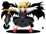  1girl blonde_hair darkness ex-rumia fukaiton full_body hair_ribbon long_sleeves no_nose open_mouth outstretched_arms red_eyes ribbon rumia short_hair skirt smile solo spread_arms sword touhou vest weapon 