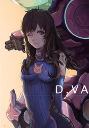  1girl ;) absurdres arm_cannon arms_behind_back bangs bodysuit breasts brown_eyes brown_hair bunny_print character_name closed_mouth d.va_(overwatch) facepaint facial_mark gatling_gun gun hango headphones highres long_hair long_sleeves mecha medium_breasts meka_(overwatch) one_eye_closed overwatch pauldrons pilot_suit ribbed_bodysuit shoulder_pads smile solo turtleneck upper_body weapon whisker_markings 