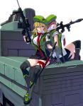  2girls arm_at_side arm_support back-to-back bangs belt black_gloves black_legwear black_skirt blonde_hair blood blood_stain blue_eyes boots breasts camouflage carrying_over_shoulder closed_mouth collared_shirt emblem eyelashes finger_on_trigger gauntlets glasses gloves green_boots green_hat ground_vehicle gun hat highres holding holding_gun holding_sword holding_weapon katana knee_up large_breasts long_hair masao military military_vehicle mole mole_under_eye motor_vehicle multiple_girls necktie on_vehicle original over_shoulder pencil_skirt pink_hair popped_collar profile red_necktie rifle rimless_glasses rocket_launcher shade sheath shirt short_hair short_sleeves side_slit simple_background single_glove sitting skirt sleeves_pushed_up smile sword tank thigh-highs thigh_strap uniform unsheathing vest weapon weapon_over_shoulder white_background 
