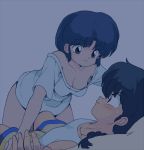  1boy 1girl bare_shoulders black_hair braid camisole cleavage collarbone cyocomi3 from_below looking_at_another lying off_shoulder official_style on_back on_bed ranma_1/2 saotome_ranma single_braid smile tendou_akane 