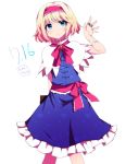  1girl alice_margatroid arm_behind_back blonde_hair blue_dress blue_eyes blush book bow bowtie brooch capelet commentary dress embellished_costume hairband heart_print holding holding_book jewelry lolita_hairband looking_up puppet_rings red_bow red_bowtie sash short_hair solo string touhou you_(noanoamoemoe) 