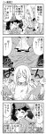  2girls 4koma :d ^_^ akagiakemi ascot atago_(kantai_collection) beret breasts cleavage closed_eyes comic hat japanese_clothes kantai_collection kariginu large_breasts long_hair magatama monochrome multiple_girls open_mouth ryuujou_(kantai_collection) smile torn_clothes translation_request twintails visor_cap 