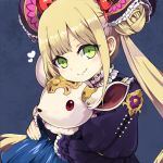  1girl bangs black_dress blonde_hair blunt_bangs bow creature cu-sith double_bun dress eyebrows eyebrows_visible_through_hair frills green_eyes hair_bow hair_ornament heart holding hug long_hair looking_at_viewer luna_(shadowverse) puffy_sleeves red_bow red_eyes shadowverse sidelocks smile solo twintails upper_body 