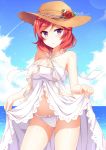  1girl bangs bare_shoulders blush bow breasts cleavage clouds collarbone cowboy_shot eyebrows eyebrows_visible_through_hair flower hat head_tilt lens_flare looking_at_viewer love_live! love_live!_school_idol_project mmrailgun nishikino_maki outdoors red_rose redhead rose sky solo sparkle sun_hat swept_bangs violet_eyes 