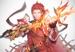 1boy armor fire gradient gradient_background granblue_fantasy grin holding holding_weapon looking_at_viewer male_focus nanahara_fuyuki percival_(granblue_fantasy) red_eyes redhead simple_background smile solo sword upper_body weapon 