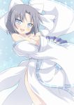  1girl bare_shoulders blue_eyes blush bow breasts cleavage fan hair_bow huge_breasts japanese_clothes kagerou_(kers) large_breasts looking_at_viewer no_bra no_panties off_shoulder open_mouth ribbon senran_kagura senran_kagura_(series) short_hair smile solo yumi_(senran_kagura) 