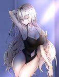  1girl arm_behind_head armpits black_swimsuit breasts cleavage collarbone fate/grand_order fate_(series) highres jeanne_alter long_hair navel one-piece_swimsuit ruler_(fate/apocrypha) ruler_(fate/grand_order) silver_hair solo swimsuit tetsu_(excalibur920) very_long_hair yellow_eyes 