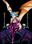  00s 1girl aqua_hair candlelight candlestand carrera demon_girl demon_tail demon_wings elbow_gloves expressionless gloves highres horns magic_circle no_pupils official_art pointy_ears red_eyes skull solo squatting succubus tail viper viper_gts wings 