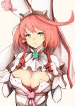  1girl :o blue_eyes blush breasts cleavage cleavage_cutout clover dress earrings elphelt_valentine four-leaf_clover gloves guilty_gear guilty_gear_xrd hairband hat highres inaba_sunimi jewelry large_breasts long_sleeves looking_at_viewer pink_hair pink_ribbon ribbon short_hair solo upper_body veil white_dress white_gloves 