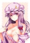  1girl absurdres bare_shoulders blush bow breasts cleavage collarbone crescent crescent_hair_ornament dress hair_bow hair_ornament hat highres koissa large_breasts long_hair mob_cap off_shoulder patchouli_knowledge purple_hair red_bow smile solo striped striped_dress touhou upper_body violet_eyes 