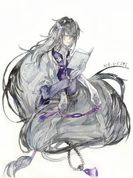  1boy 2016 bluebluecathy book closed_eyes gloves grey_hair hair_ornament highres juzumaru_tsunetsugu male_focus open_book reading sitting solo touken_ranbu traditional_media white_background white_gloves 