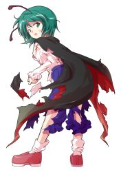  1girl alphes_(style) antennae back black_cape blue_shorts buttons cape collared_shirt commentary_request dairi defeat full_body green_eyes green_hair imperishable_night juliet_sleeves large_variant_set loafers long_sleeves open_mouth parody puffy_sleeves red_cape red_shoes rider_kick shirt shirt_tucked_in shoes short_hair shorts socks solo style_parody sweatdrop tachi-e torn_clothes touhou transparent_background two-sided_cape two-sided_fabric variant_set white_shirt white_socks wriggle_nightbug 