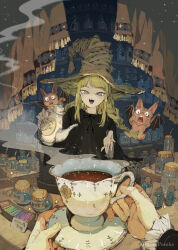  1boy 1girl artist_name bat_wings blonde_hair braid commentary cup demizu_posuka hat highres holding holding_cup holding_phone holding_teapot low_twin_braids original phone pov steam teacup teapot twin_braids wings witch_hat 