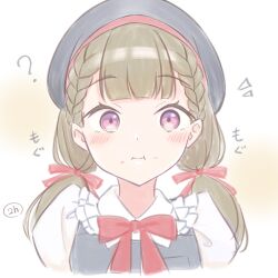  1girl ? apron beret black_apron black_hat blush bow bowtie braid brown_hair center-flap_bangs collared_shirt completion_time eating food food_on_face frilled_shirt_collar frills hachiban_ramen hachiban_ramen_uniform hair_ribbon hat highres iroha_(nami3) kachimachi_kosuzu link!_like!_love_live! love_live! low_twintails notice_lines official_alternate_costume official_alternate_hairstyle pink_eyes red_bow red_bowtie red_ribbon ribbon shirt side_braids solo sound_effects twintails virtual_youtuber white_shirt 