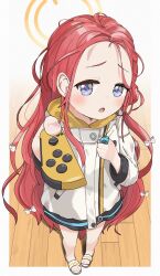  1girl bare_legs blue_archive blush border bow commentary_request controller fingernails forehead from_above full_body furrowed_brow game_controller hair_bow halo hand_up highres holding holding_controller holding_game_controller jacket joy-con long_hair long_sleeves looking_at_viewer multicolored_jacket open_mouth outside_border power_symbol red_hair sandals shadow slides solo standing ukiyokatamari very_long_hair violet_eyes white_background white_border white_bow white_jacket white_sandals wooden_floor yellow_halo yellow_jacket yuzu_(blue_archive) 