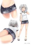  1girl 2016 alternate_costume ama_mitsuki ass bag blue_skirt breasts contrapposto dated denim_skirt grey_eyes high_heels kantai_collection kashima_(kantai_collection) legs lying medium_breasts microskirt multiple_views navel on_stomach open_mouth panties pinstripe_pattern sandals silver_hair skirt skirt_lift striped teeth thighs torn_clothes torn_skirt twintails underwear vertical-striped_panties vertical_stripes 