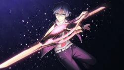  1boy belt belt_buckle black_jacket black_pants blazer blue_eyes blue_hair buckle chaos;child collared_shirt d-sword floating_clothes floating_neckwear from_side glasses glowing glowing_sword glowing_weapon hekiho_academy_school_uniform holding holding_sword holding_weapon jacket leather_belt male_focus miyashiro_takuru necktie open_clothes open_jacket pants red_necktie school_uniform serious shirt short_hair solo sword taba_neruko v-shaped_eyebrows weapon white_belt white_shirt 