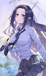  1girl absurdres black_hair breasts closed_mouth gamma_(kage_no_jitsuryokusha_ni_naritakute!) highres kage_no_jitsuryokusha_ni_naritakute! large_breasts long_hair looking_at_viewer matsumoto_yuu mole mole_under_mouth pleated_skirt pointy_ears school_uniform skirt smile solo umbrella very_long_hair violet_eyes 