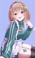  apron breasts brown_hair fish_hair_ornament frilled_apron frills hair_ornament hairband heaven_burns_red highres maid maid_apron monakayukimochi ooshima_muua short_hair sportswear white_apron 