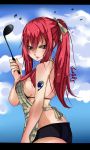  1girl absurdres angry apron ass bikini breasts brown_eyes erza_scarlet fairy_tail highres large_breasts long_hair looking_at_viewer parted_lips redhead sideboob solo swimsuit tsundere 