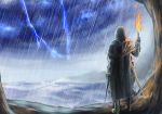  1boy assassin&#039;s_creed_(series) assassin&#039;s_creed_iv:_black_flag cave cloak edward_kenway hood hooded_cloak ishii_hisao ocean rain storm sword thunder torch weapon 