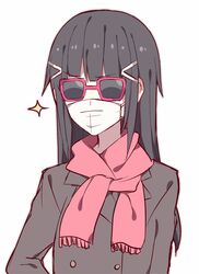  1girl black_hair commentary disguise glasses highres kurosawa_dia kvlen long_hair love_live! love_live!_sunshine!! scarf solo sparkle sunglasses surgical_mask upper_body 