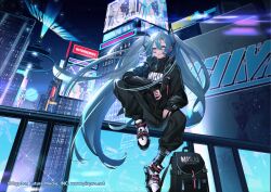  1girl bag blue_eyes blue_hair crypton_future_media hatsune_miku jacket karon_(vtuber)_(artist) official_art school_bag shoes sneakers star_(sky) tower twintails vocaloid wallpaper 