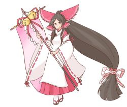 1girl absurdly_long_hair banner battle_standard bell bow chihaya_(clothing) flag frilled_bow frilled_hair_tubes frills full_body gensokyo&#039;s_first_hakurei_miko gohei hair_bow hair_tubes highres holding holding_banner holding_gohei huge_bow japanese_clothes kosode large_bow long_hair long_sleeves looking_at_viewer miko mizusoba red_bow ribbon-trimmed_sleeves ribbon_trim skirt solo standing touhou very_long_hair war_flag white_background wide_sleeves 