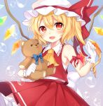  1girl adapted_costume ascot bare_shoulders blonde_hair blush bubble fangs flandre_scarlet gloves highres open_mouth paragasu_(parags112) red_eyes side_ponytail sleeveless solo stuffed_animal stuffed_toy teddy_bear touhou wings 