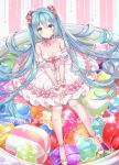  1girl aqua_eyes aqua_hair dress food full_body hatsune_miku in_food long_hair looking_at_viewer minigirl sitting smile solo strapless strapless_dress tena twintails very_long_hair vocaloid white_day white_dress 