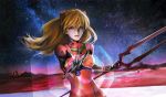  1girl at_field blonde_hair crossing end_of_evangelion highres lance_of_longinus lcl nebula neon_genesis_evangelion outstretched_arm plugsuit red_lips solo souryuu_asuka_langley star_(sky) 