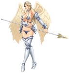  1girl angel_wings armor bare_shoulders bikini_armor blonde_hair blue_eyes breasts collar feet full_body holding holding_weapon inja_no_kuruwa lance large_breasts legs long_hair looking_at_viewer mound_of_venus original serious simple_background solo standing thighs thong weapon white_background wings 