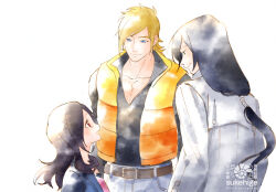  1girl 2boys artist_name asymmetrical_bangs belt belt_buckle black_cardigan black_hair black_shirt blonde_hair blue_eyes blue_pants brown_belt buckle cardigan closed_mouth collarbone cowboy_shot denim eyelashes fresh_precure! from_behind from_side happy height_difference higashi_setsuna high-waist_pants jacket jeans long_hair looking_at_another low-tied_long_hair low_ponytail minami_shun multiple_boys nishi_hayato open_clothes open_jacket open_mouth pants pectoral_cleavage pectorals pocket pointy_nose ponytail precure red_eyes red_shirt shirt sidelocks simple_background sleeveless sleeveless_jacket smile sukehige tareme thick_eyebrows upper_body v-neck watermark white_background white_jacket yellow_jacket 