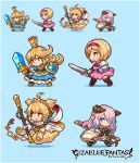  4girls anchira_(granblue_fantasy) blonde_hair blue_dress blue_eyes breasts brown_eyes charlotta_(granblue_fantasy) chibi copyright_name djeeta_(granblue_fantasy) doraf dress erun_(granblue_fantasy) fighter_(granblue_fantasy) gauntlets granblue_fantasy hair_ornament hair_over_one_eye hairband horns large_breasts lowres monkey_ears monkey_tail multiple_girls narumeia_(granblue_fantasy) orange_eyes pink_dress pink_hair pixel_art pointy_ears shirosu simple_background tail 