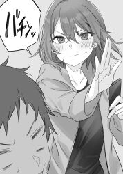  1boy 1girl absurdres blush closed_mouth commentary_request double-parted_bangs greyscale hair_between_eyes highres jacket kohinata_iroha_(imouuzai) looking_at_viewer medium_hair monochrome novel_illustration official_art ooboshi_akiteru open_clothes open_jacket second-party_source slapping small_sweatdrop speech_bubble tomari_(veryberry00) tomodachi_no_imouto_ga_ore_ni_dake_uzai translation_request v-shaped_eyebrows 