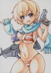  1girl american_flag_bikini assault_rifle bikini blonde_hair blue_eyes blue_scarf blush breasts bullpup cleavage flag_print gun handgun large_breasts pistol resident_evil resident_evil_6 rifle scarf sherry_birkin short_hair smile solo swimsuit weapon yutakasan-love 