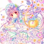  1girl animal_ears apron basket blue_bow blue_bowtie blush bow bowtie chestnut_mouth dress eyebrows eyebrows_visible_through_hair flower frilled_apron frills green_dress hair_flower hair_ornament hat leaning_forward long_hair original puffy_short_sleeves puffy_sleeves purple_hair puu_(kari---ume) rabbit_ears red_eyes short_sleeves simple_background solo striped striped_dress very_long_hair white_background 