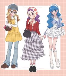  3girls :3 alternate_costume anime_coloring arisugawa_himari bag bag_bow baggy_pants bangs_pinned_back baseball_cap bespectacled black-framed_eyewear black_bag black_bow black_dress black_shoes blue_cardigan blue_eyes blue_hair blue_pants blue_ribbon border bow bow_button brown_bag brown_hair brown_shoes buckle cardigan casual collarbone denim dot_nose dotted_line dress earrings expressionless eyelashes fashion floral_print footwear_bow forehead frilled_bag frilled_dress frills full_body glasses grey_hat grid_border hair_bow hair_half_over_shoulder hairband hand_on_own_hip handbag happinesscharge_precure! happy hat headscarf heart heart_earrings heart_necklace heart_print high_heels highres holding holding_bag in-franchise_crossover jeans jewelry kirakira_precure_a_la_mode kneehighs knees lace-trimmed_headwear lace_trim light_blush loafers long_dress long_hair long_sleeves looking_at_viewer loose_socks low_twintails mimino_kurumi multicolored_hair multiple_girls necklace open_mouth orange_border outline outside_border pants pants_under_dress pinafore_dress pink_bow plaid_clothes plaid_dress platform_shoes polka_dot precure pumps purple_hair red_bow red_cardigan red_eyes ribbon ribbon_legwear see-through_clothes see-through_socks shigen_pr shirayuki_hime shirt shoes short_dress skirt_hold sleeveless sleeveless_dress sleeves_past_wrists smile sneakers socks spaghetti_strap standing streaked_hair tareme twintails wavy_hair white_background white_bow white_dress white_hairband white_headscarf white_outline white_shirt white_shoes white_socks yellow_bow yellow_dress yes!_precure_5 yes!_precure_5_gogo! 