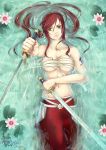  1girl absurdres bare_shoulders breasts brown_eyes cleavage erza_scarlet fairy_tail highres large_breasts long_hair navel redhead sword under_boob weapon 