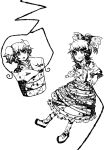  2girls bad_anatomy bad_hands bow bucket dress greyscale hair_bow highres itomugi-kun kisume kurodani_yamame monochrome multiple_girls open_mouth poorly_drawn short_twintails smile touhou twintails 