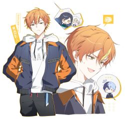  ... 2boys 2girls aoyagi_touya azusawa_kohane belt black_pants blonde_streaks blue_jacket chibi chibi_inset closed_mouth clothes_writing cowboy_shot crossed_bangs drawstring earrings from_below green_eyes group_name hair_between_eyes hands_in_pockets hashtag-only_commentary highres hood hood_down hoodie jacket jewelry looking_ahead looking_at_viewer mikan_(migwang) multicolored_hair multicolored_jacket multiple_boys multiple_girls multiple_views open_clothes open_jacket open_mouth orange_hair orange_jacket pants portrait project_sekai shinonome_akito shiraishi_an short_hair solo_focus spoken_character streaked_hair striped_belt sweatdrop translation_request two-tone_jacket very_short_hair vivid_bad_squad_(project_sekai) white_background white_hoodie 