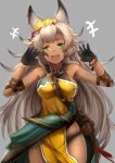  1girl :d animal_ears bare_shoulders black_gloves bracelet breasts dark_skin erun_(granblue_fantasy) gloves granblue_fantasy green_eyes grey_background highres jewelry large_breasts long_hair looking_at_viewer luse_maonang nemone open_mouth silver_hair simple_background smile solo 