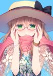  1girl adjusting_glasses black_ribbon blue_background blue_eyes bracelet breasts brown_hair cleavage glasses gloves green_eyes hat hyuuga_takashi jewelry long_hair looking_at_viewer matsumi_yuu ribbon saki saki_achiga-hen scarf simple_background solo straw_hat striped striped_scarf upper_body 