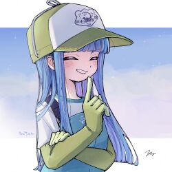  1girl baseball_cap blue_hair commentary_request gloves green_gloves green_hat hat highres humanization index_finger_raised inkling_girl inkling_player_character letterboxed long_hair loose_hair_strand orange_gloves outside_border rubber_gloves salmon_run_(splatoon) signature smile solo splatoon_(series) splatoon_3 tentacle_hair yake_zake 