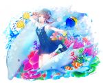  1girl brown_hair bubble clownfish coral coral_reef dolphin dress flag kneehighs loafers long_hair original sailor_collar satokichi_(kope00) shoes short_sleeves smile solo twintails violet_eyes 