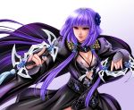  1girl bangs black_dress blue_nails breasts cape cleavage dress flower hair_flower hair_ornament lie_mei_(thunderbolt_fantasy) long_hair looking_at_viewer nail_polish parted_lips pink_eyes purple_hair sca_jam solo standing thunderbolt_fantasy twintails weapon 