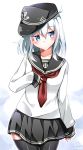  1girl anchor_symbol arm_at_side black_hat black_legwear blue_eyes blush collarbone cowboy_shot eyebrows eyebrows_visible_through_hair flat_cap gradient_hair hat head_tilt hibiki_(kantai_collection) jitome kantai_collection long_hair long_sleeves multicolored_hair panties panty_peek pink_hair pink_panties pleated_skirt roman_numerals school_uniform serafuku shirt signature silver_hair skirt sleeves_past_wrists solo standing thigh-highs underwear white_shirt yuuki_hb 