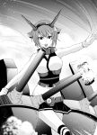  1girl battle breasts cannon dithering greyscale hairband headband kantai_collection large_breasts legwear meet midriff miniskirt monochrome mutsu_(kantai_collection) ocean radio_antenna short_hair skirt sky solo turrer turret water 